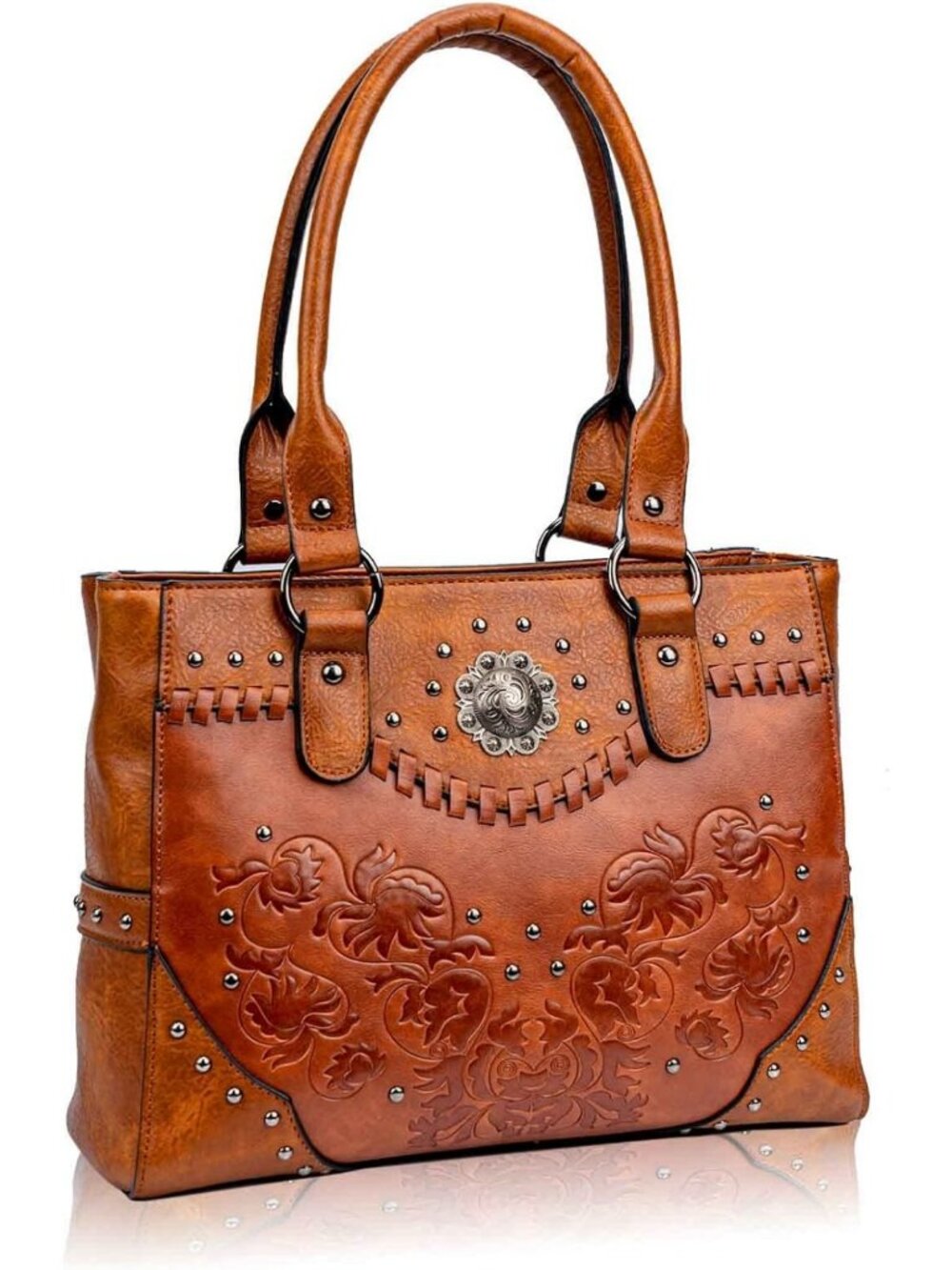 Large Vintage Western Tote Bag for Women | Embossed Concho Studs, Top Handle
